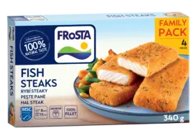 Škatuľa rybích steakov FRoSTA, rodinné balenie 4 × 340 g. Na obrázku sú obaľované rybie filé FRoSTA, zelenina, informácie o výrobku a pokyny na prípravu.