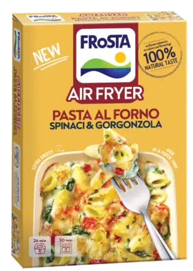 Škatuľa cestovín „FRoSTA Air Fryer Pasta Al Forno Spinaci & Gorgonzola“ so zapečenými cestovinami, špenátom, roztaveným syrom a vidličkou. Uvedená 100 % prírodná chuť.